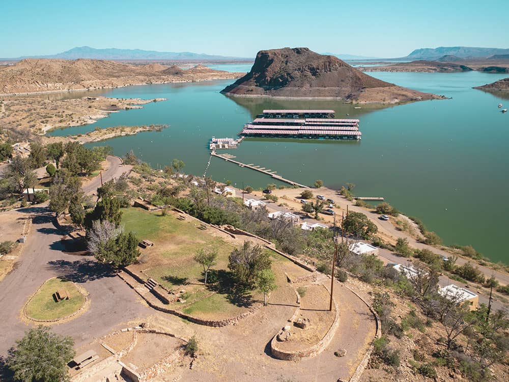 Aerial view of park and surrounding water