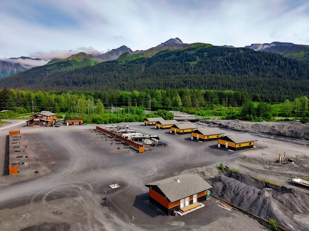 Aerial view of cabins and full hookup sites