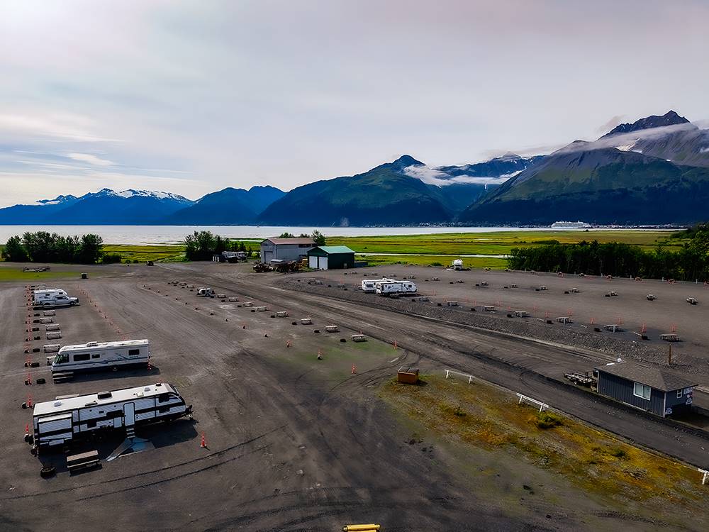 Aerial view of RV sites and the bay