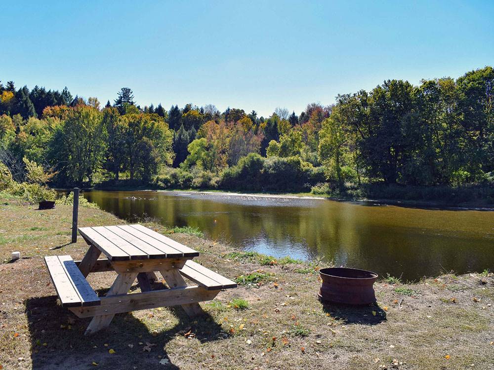 Bench and fire pit next to the lake