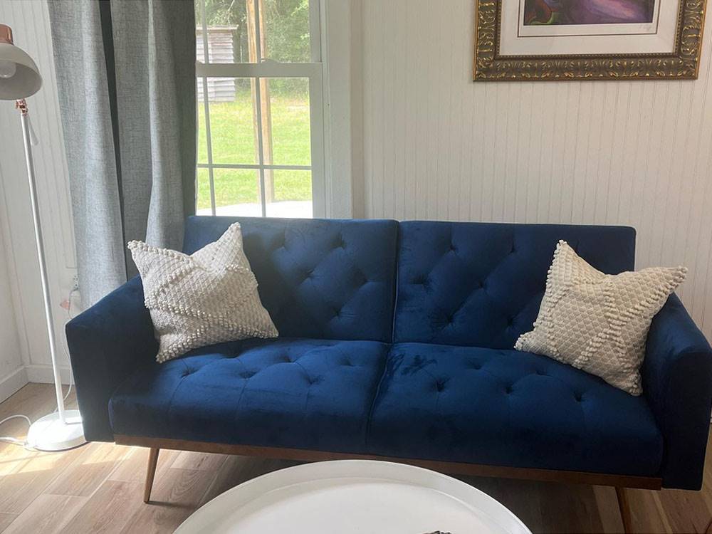 A blue velvet couch in a rental
