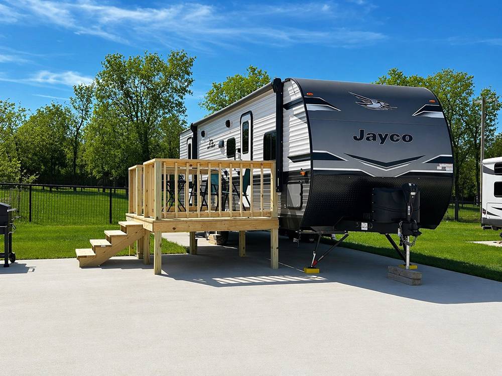 An RV with a deck