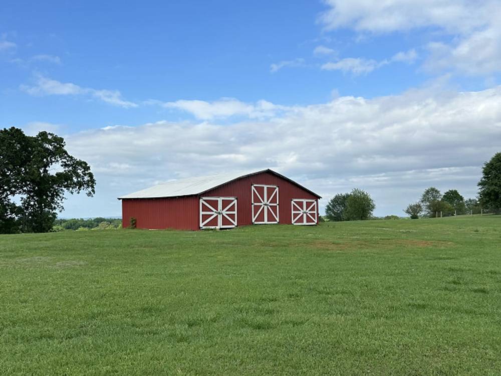The barn surrounded by grass