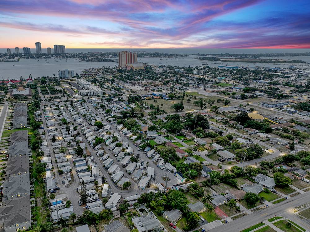 Aerial view of the park and bay at dusk