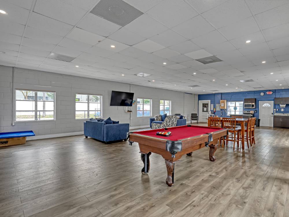 A billiard table in the rec hall