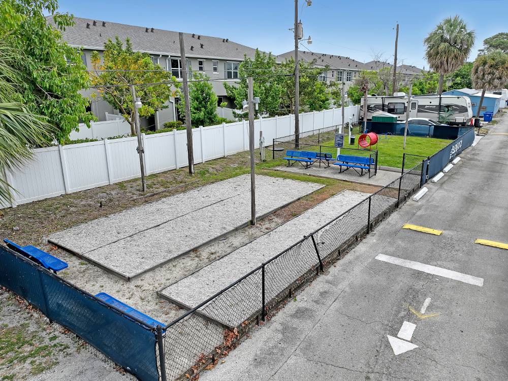 Overhead view of the bocce ball lanes