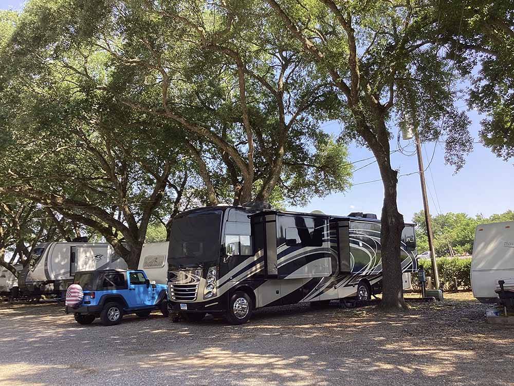 A motorhome beneath trees at MAXIE'S CAMPGROUND
