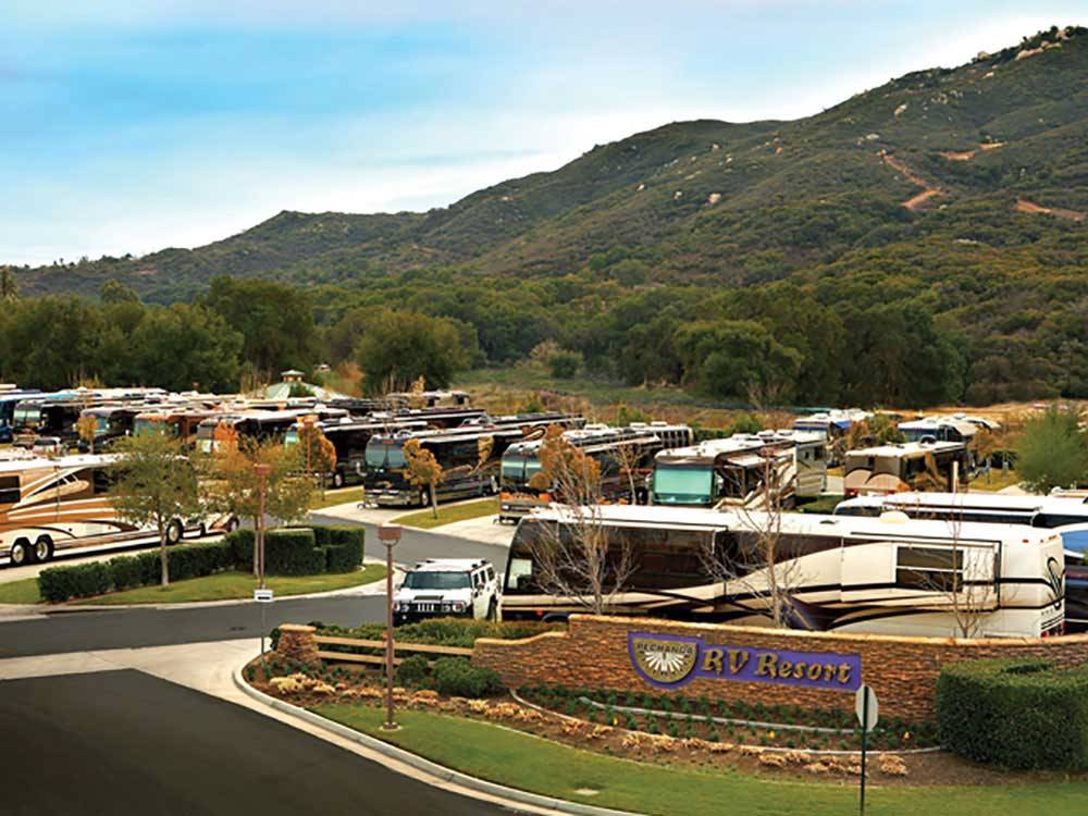 Aerial view over RV park and green mountainside at PECHANGA RV RESORT