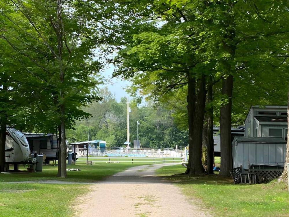 A view of the pool from a tree-lined road at Twin Ells Campsite