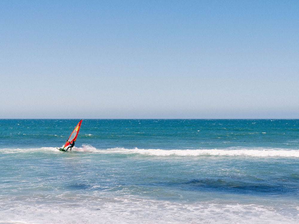 A person sailboarding on the ocean
