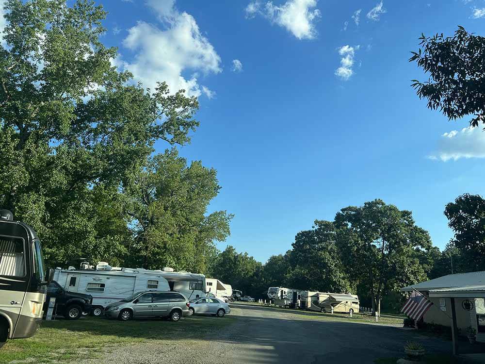 A row of back in RV sites at J & J RV PARK