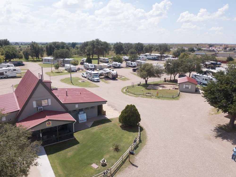 An aerial view of the front building at TRAVELER'S WORLD RV PARK