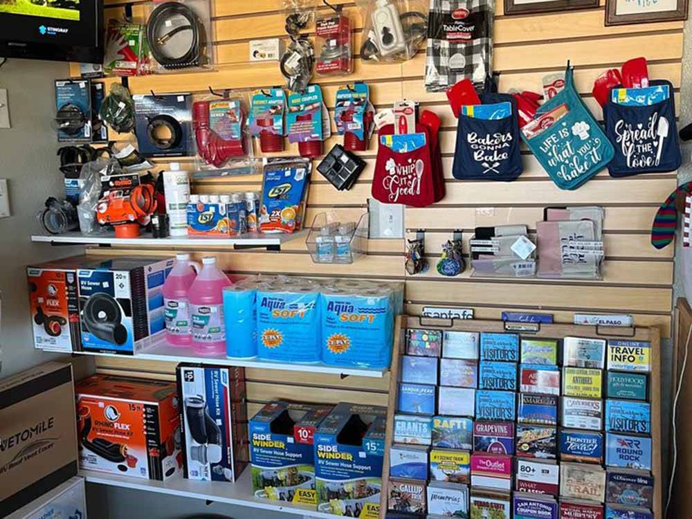 Some of the RV supplies in the store at TRAVELER'S WORLD RV PARK