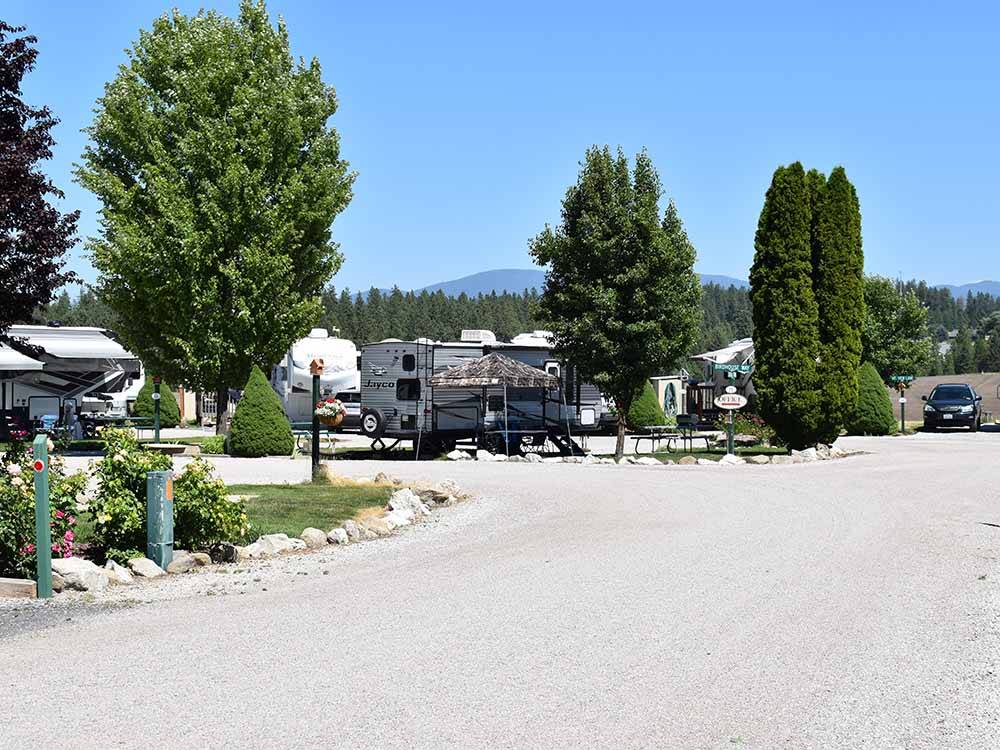 The gravel road leading to the RV sites at WILD ROSE RV PARK