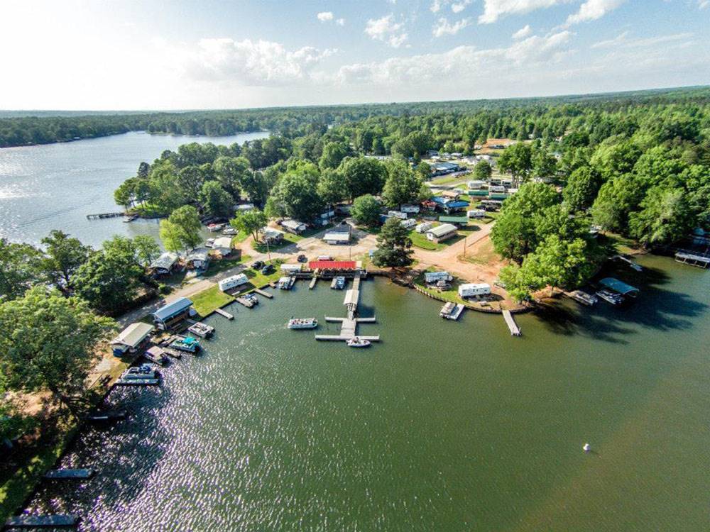 An aerial view of the marina and campsites at MOON LANDING RV PARK  MARINA