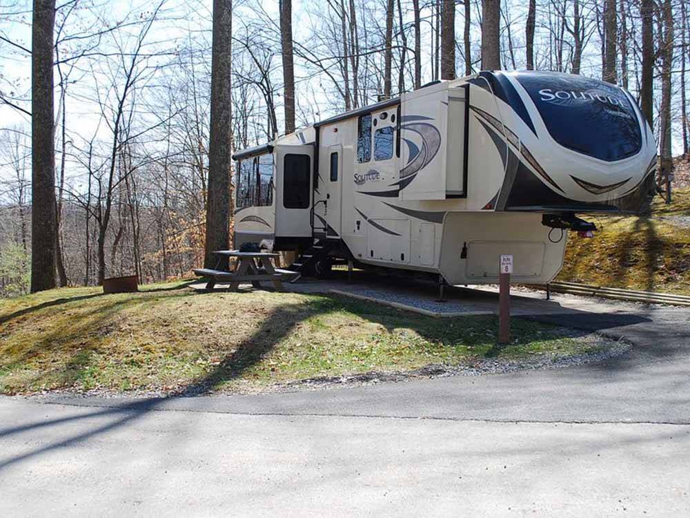 A fifth wheel trailer at RIFRAFTERS CAMPGROUND