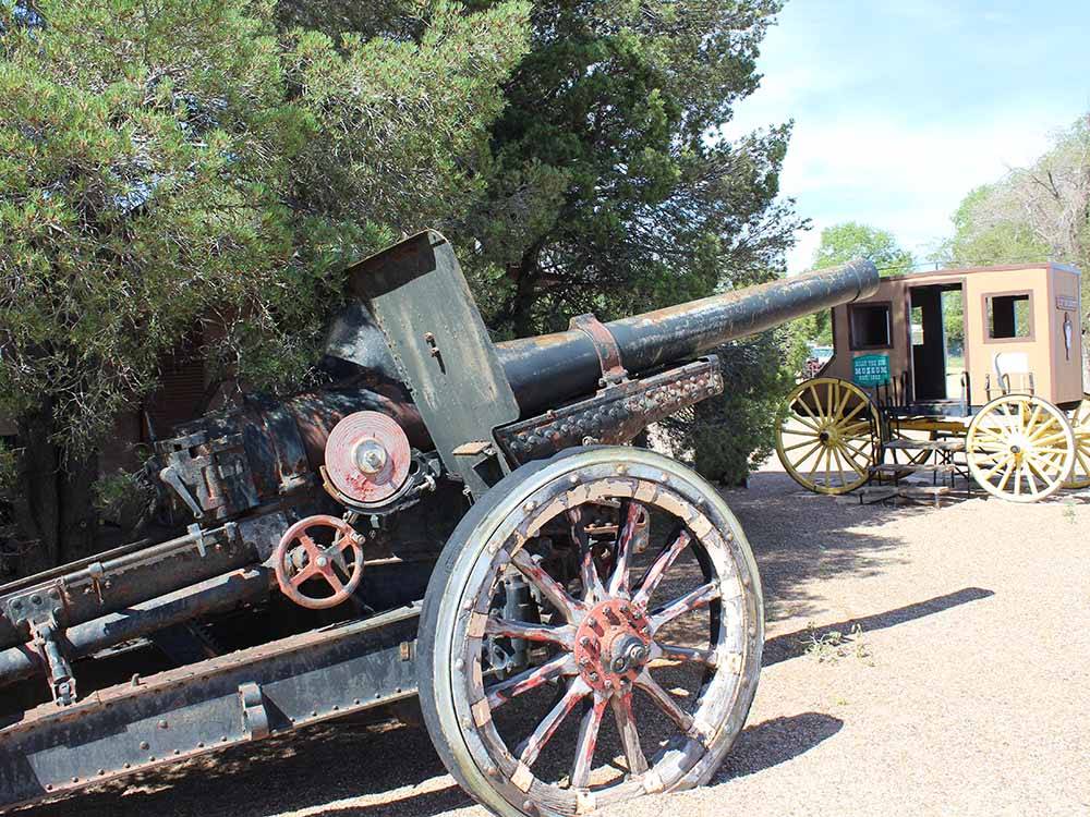 An old black cannon next to a tree at BILLY THE KID MUSEUM