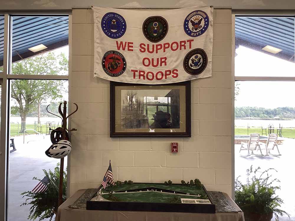 A We Support Out Troops banner at RIVER VIEW RV PARK AND RESORT