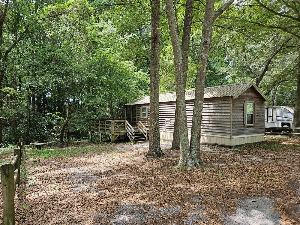 Wooden cabin at River Bottom Farms Family Campground