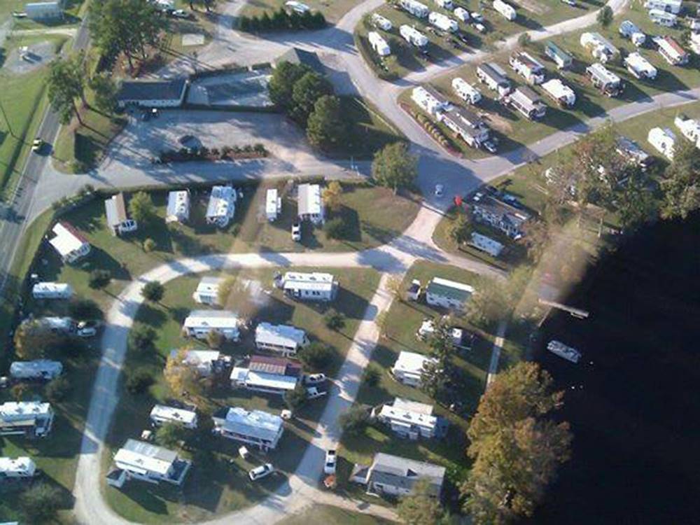 Aerial view of sites and grounds at Tranter's Creek Resort & Campground