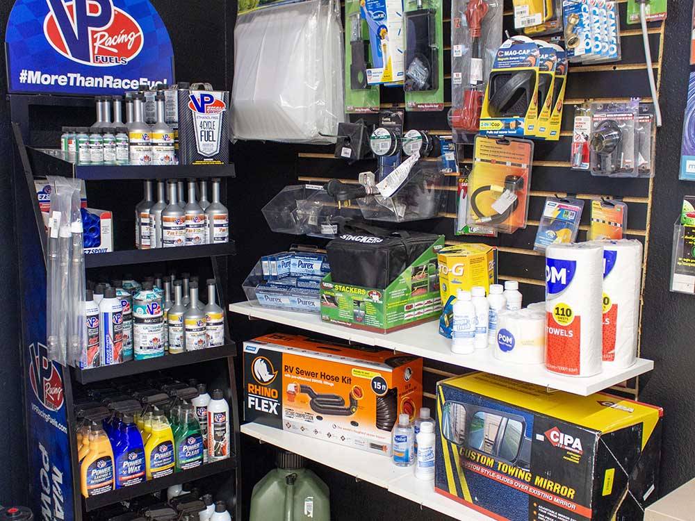Camping supplies for sale at TRAILER VILLAGE RV PARK