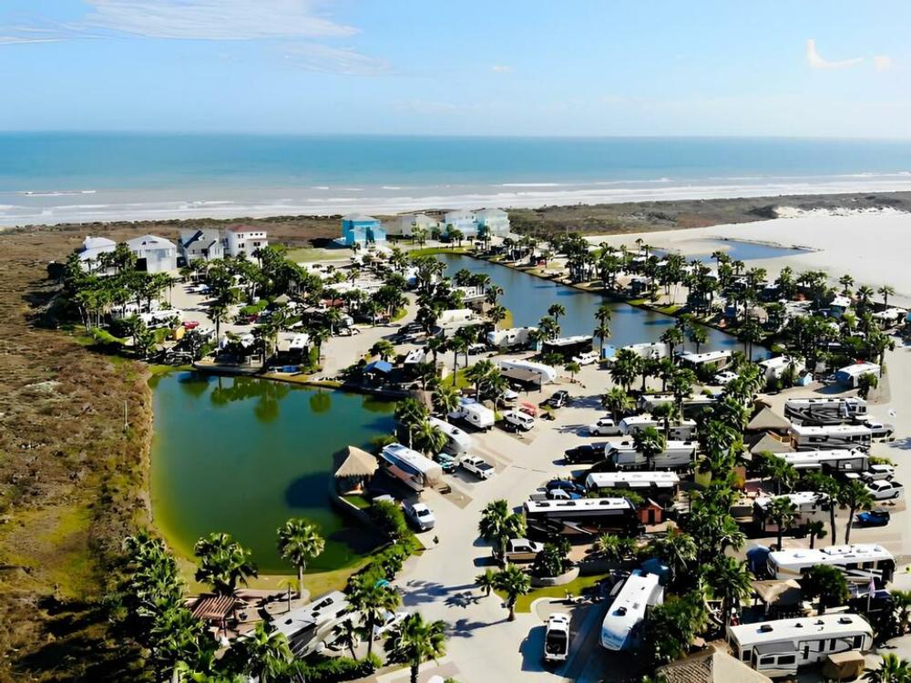 Aerial view of sites and grounds at Gulf Waters Beach Front RV Resort