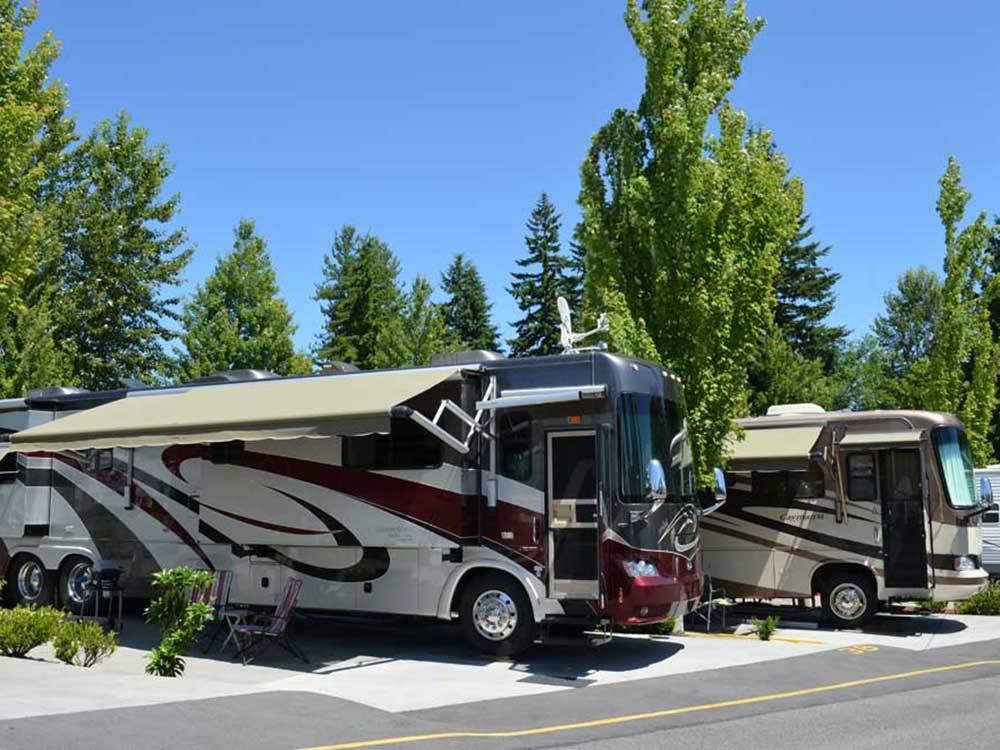 Two large RVs parked at MAPLE GROVE RV RESORT