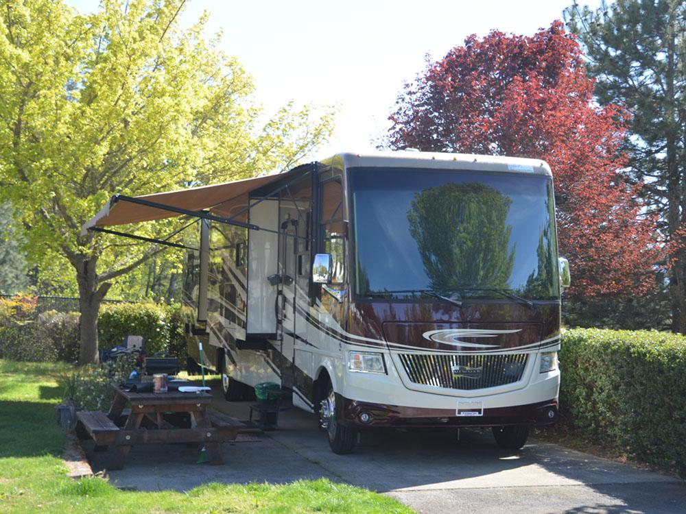 Motorhome with awning parked at site at JACK'S LANDING RV RESORT