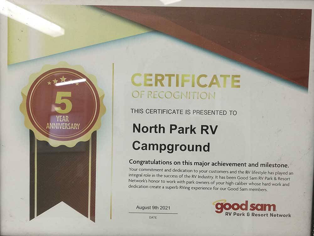 5 year Good Sam Campground recognition certificate at NORTH PARK RV CAMPGROUND