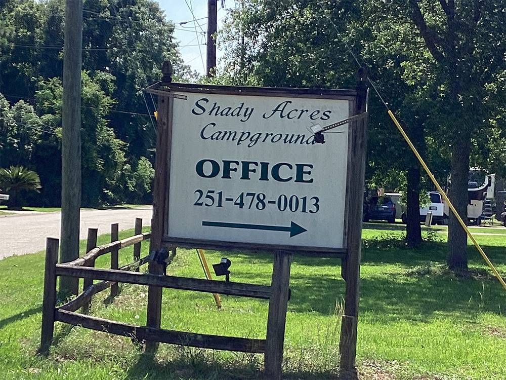 Sign directing travelers to the office at Shady Acres Campground