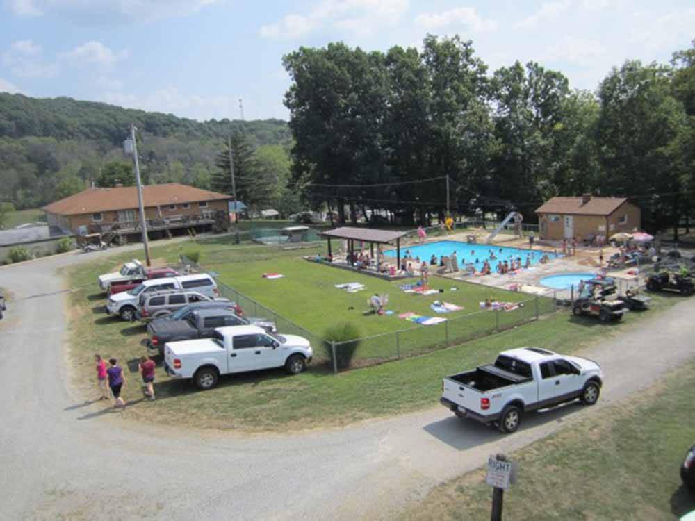 An aerial view of the swimming pool at FOX DEN ACRES CAMPGROUND