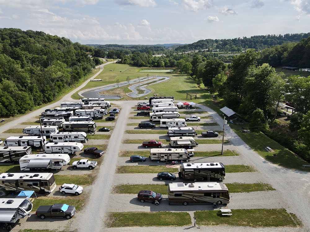 An aerial view of the pull thru RV sites at FOX DEN ACRES CAMPGROUND