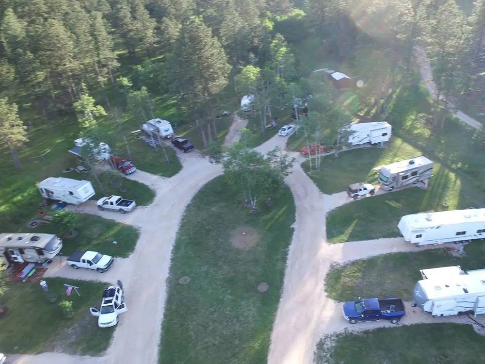 Aerial view of RV sites at Custer's Gulch RV Park & Campground