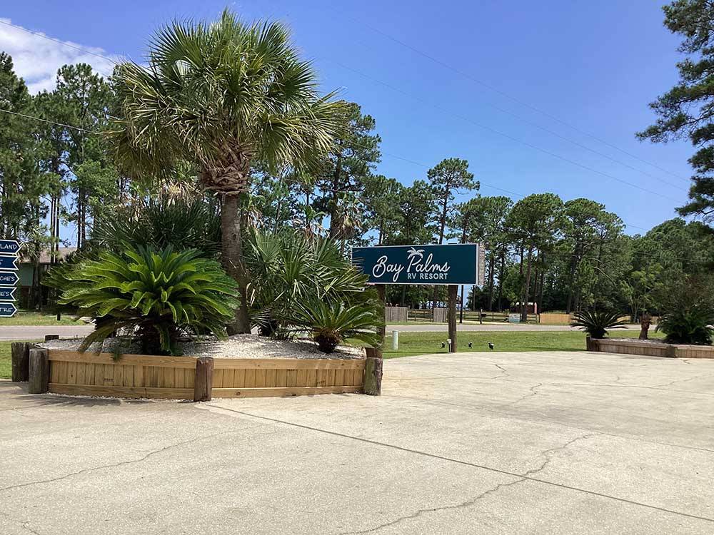 The front entrance sign at BAY PALMS RV RESORT