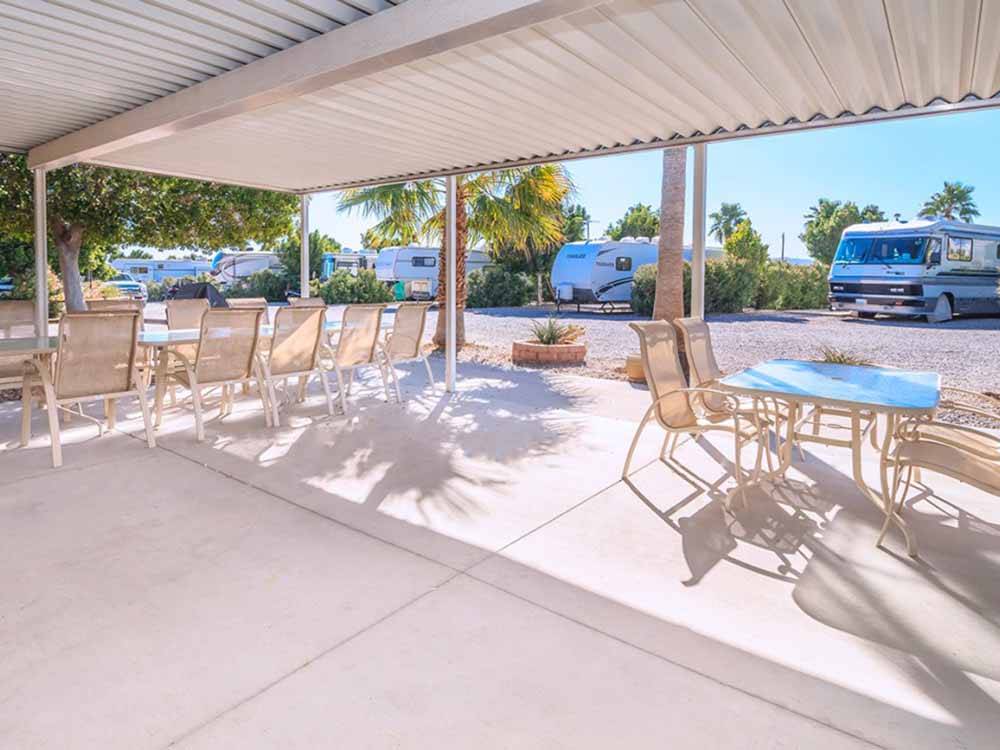 Patio tables under cover at DESERT VIEW RV RESORT