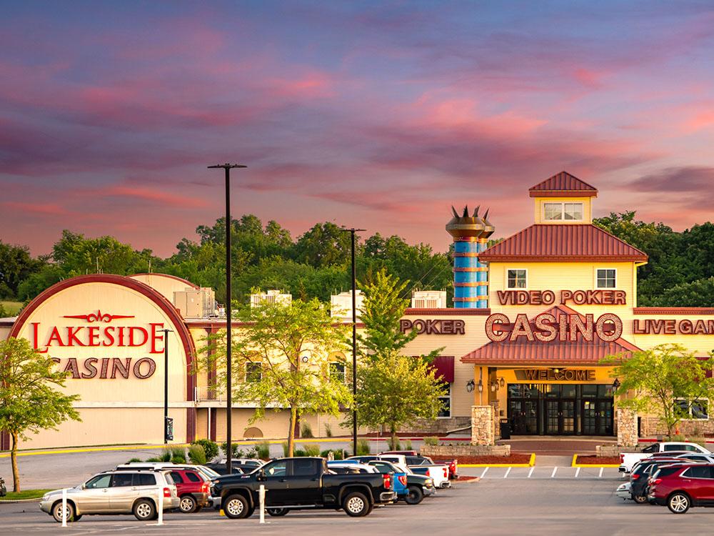 A view of the casino from the parking lot at LAKESIDE HOTEL-CASINO RV PARK