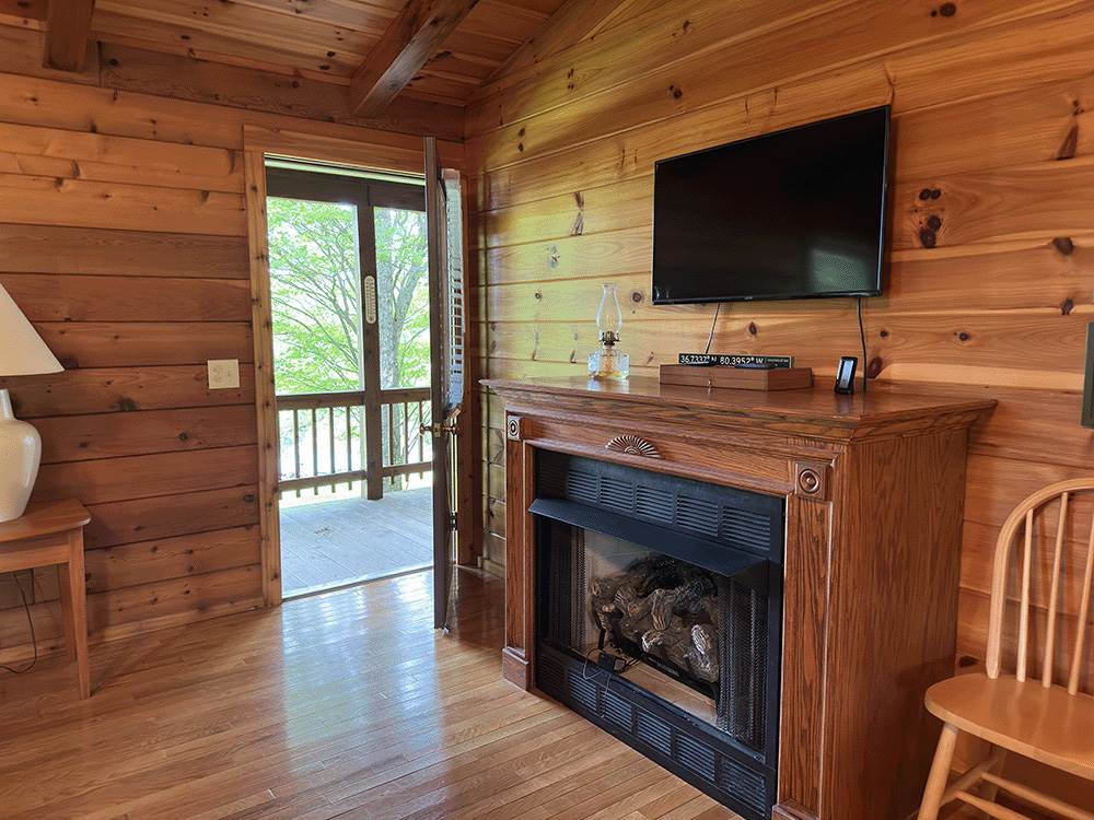 A fireplace in a cabin