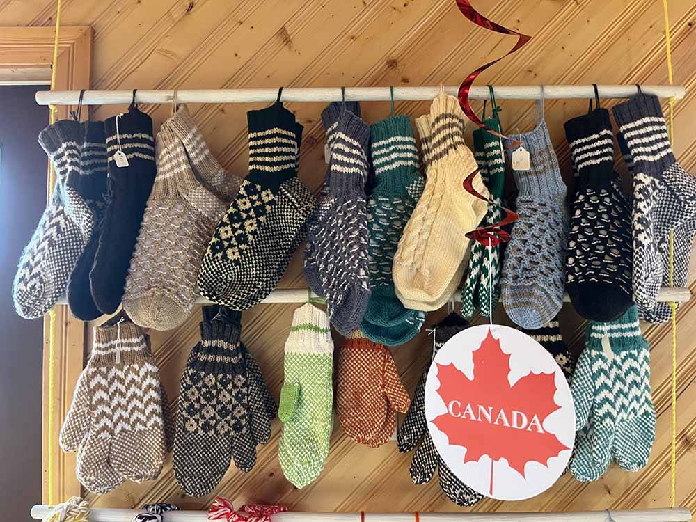 A display of mittens and socks at VIKING RV PARK