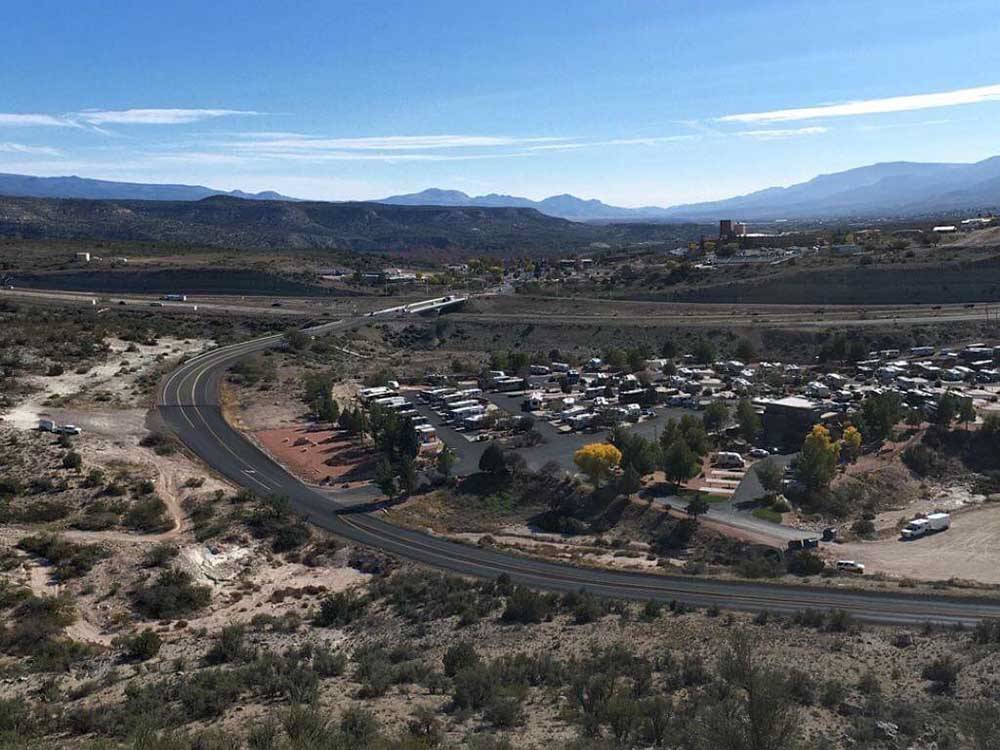Aerial view of the campground and street at DISTANT DRUMS RV RESORT