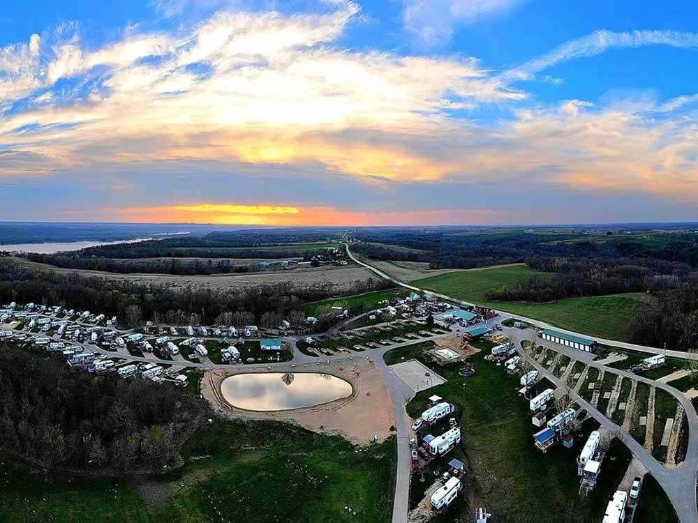Aerial view of the campground at sunset at WHITETAIL BLUFF CAMP & RESORT