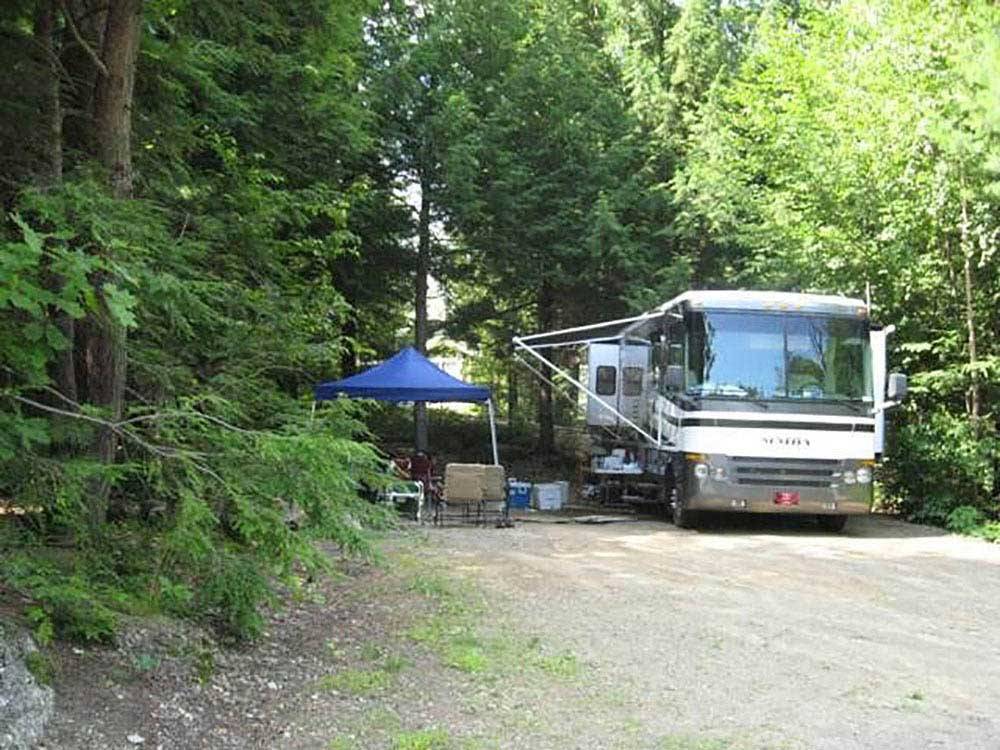 RV camping surrounded by trees at MEREDITH WOODS 4 SEASON CAMPING AREA