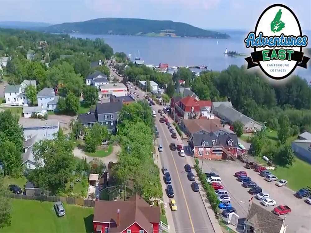 An aerial view of the town nearby at ADVENTURES EAST CAMPGROUND & COTTAGES