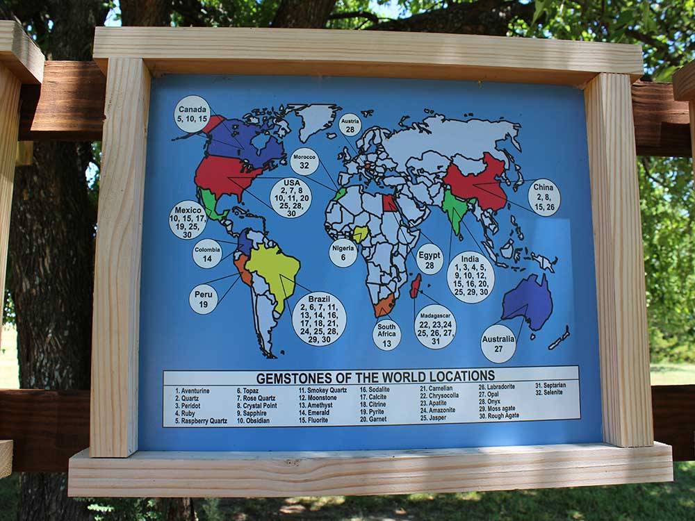 A map of gemstones of the world at ARBUCKLE RV RESORT