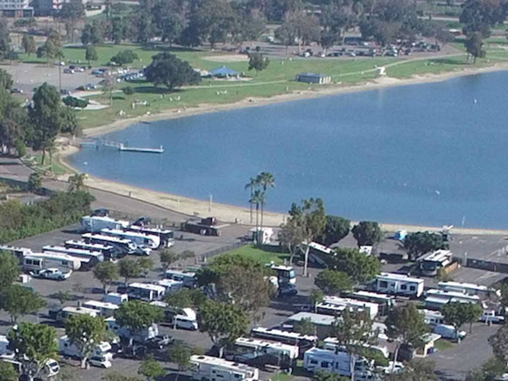 Aerial view of RVs parked at the campsites at MISSION BAY RV RESORT