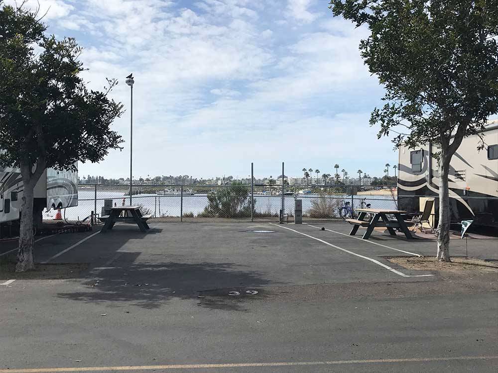 An empty waterfront RV site at MISSION BAY RV RESORT