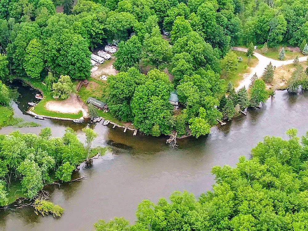 An aerial view of the campground and dock at MATSON'S BIG MANISTEE RIVER CAMPGROUND