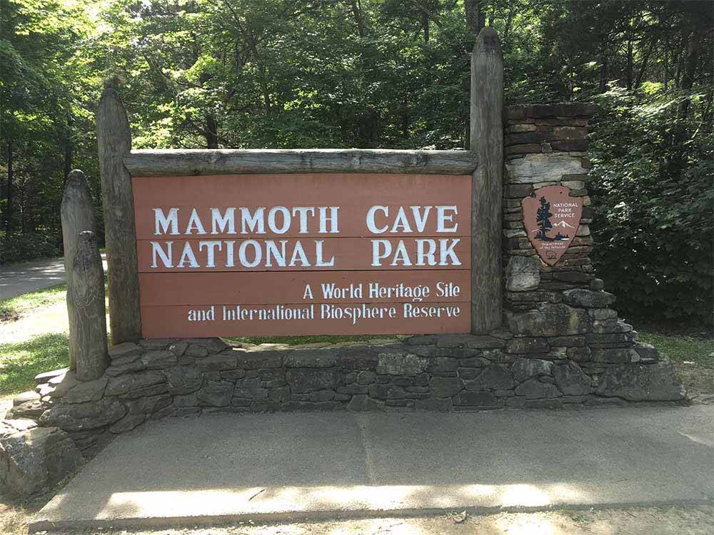 The sign to the Mammoth Cave National Park nearby at CAVE COUNTRY RV CAMPGROUND
