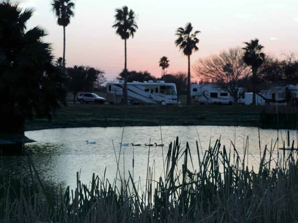 RV sites by the water at dusk at LAZY PALMS RANCH RV PARK