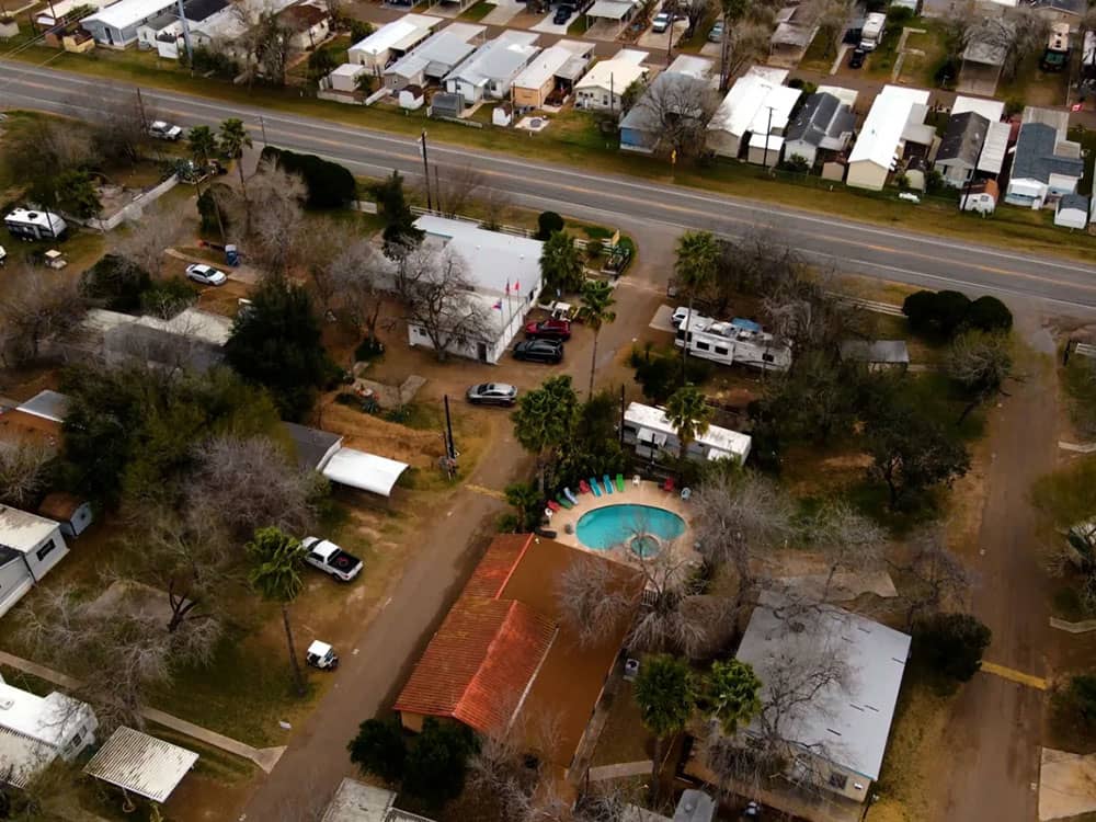 Aerial view of campground and pool