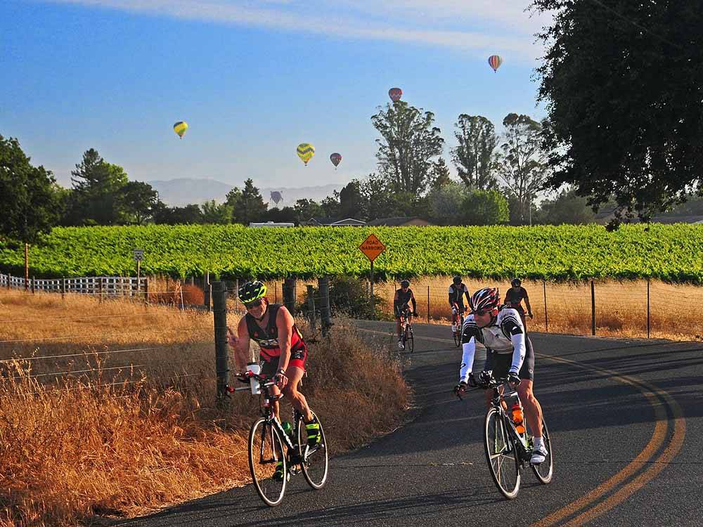 A group of people on road bikes with hot air balloons in the background at SONOMA COUNTY RV PARK-AT THE FAIRGROUNDS